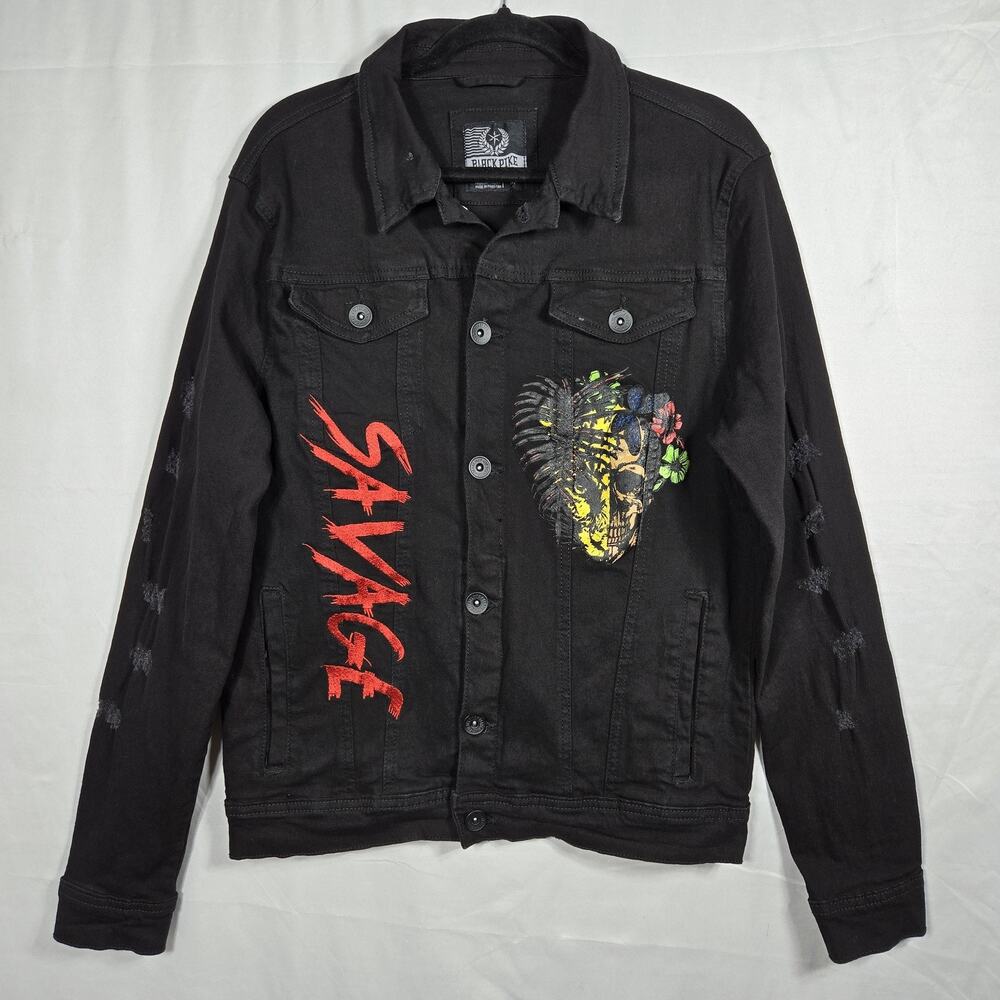 Black Pike Savage Skull Graphic Denim Jacket Men’s Medium Black